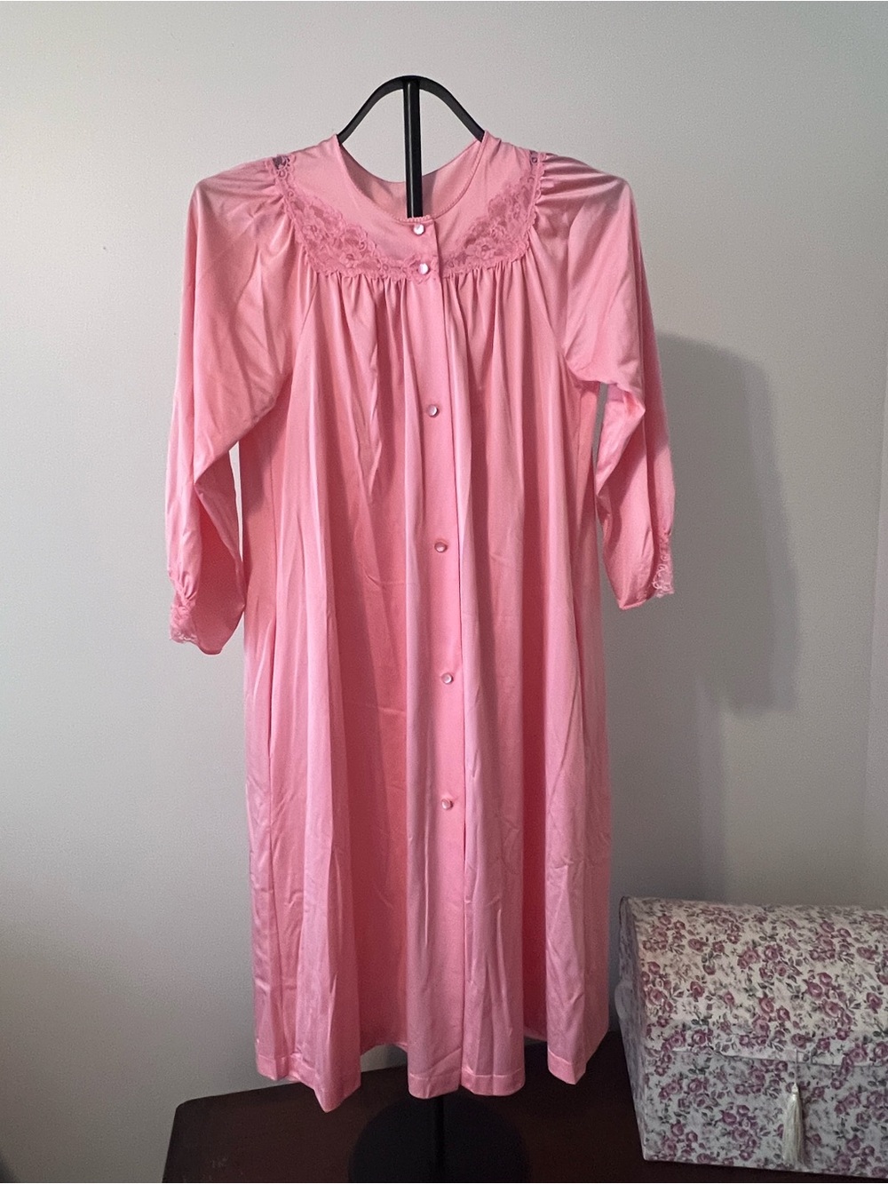 Vintage Shadowline Pink Lace Yoke Button Front Robe Petite Small/Medium